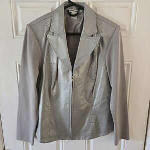 Nygard Gray Leather Jacket Silver Studded Petite Size L Plus 14-16 Vintage 80s